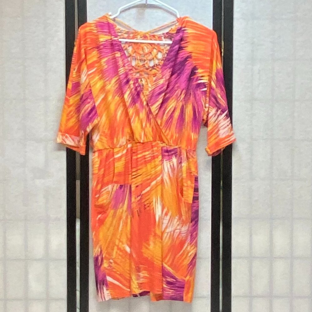 Maggy London Wrap Neck Strappy Crisscross Back Pockets Fit & Flare Dress Bright